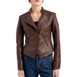 FWAY Damen Mode Lederjacke Kunstleder Reißverschluss Langarm Moto Biker Kurzer Mantel Biker Outwear Jacket von FWAY