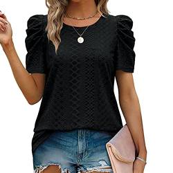 FWAY Womens Chiffon Blouse Summer Top Casual Round Neck Short Ruffle Sleeve Swiss Dot Pom Shirt von FWAY