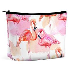 Make-up-Tasche, Aquarell-Sommer-Flamingos, PU-Leder, wasserdichte Kosmetiktasche für Geldbörse/Make-up-Tasche/Kulturbeutel, Tropische Vögel, Wolken, tragbare Reise-Make-up-Tasche für Frauen von FWJZDSP