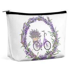 Make-up-Tasche, Fahrrad-Lavendelblumen, PU-Leder, wasserdichte Kosmetiktasche für Geldbörse/Make-up-Tasche/Kulturbeutel, Sommer-Aquarell, tragbare Reise-Make-up-Tasche für Frauen von FWJZDSP