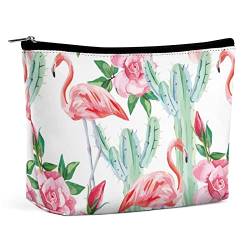 Make-up-Tasche, Sommer-Rosa-Flamingo, PU-Leder, wasserdichte Kosmetiktasche für Geldbörse/Make-up-Tasche/Kulturbeutel, Kaktus-Rose, tragbare Reise-Make-up-Tasche für Frauen von FWJZDSP