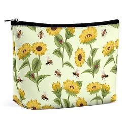 Make-up-Tasche, Sonnenblumen-Bienen-Marienkäfer, wasserdichte Kosmetiktasche für Geldbörse, grüne Sommer-PU-Leder-Make-up-Tasche mit Reißverschluss, Reise-Kulturtasche für Frauen von FWJZDSP