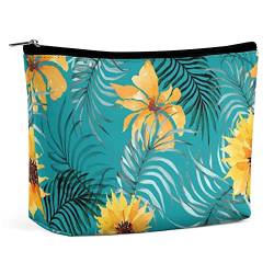 Make-up-Tasche mit Sommer-Sonnenblumen-Palmblättern, Wasserfarben, Vintage-Reise-Make-up-Tasche, Make-up-Tasche aus PU-Leder, Kosmetiktasche für Geldbörse, tragbare Kulturtasche, Make-up-Taschen für von FWJZDSP