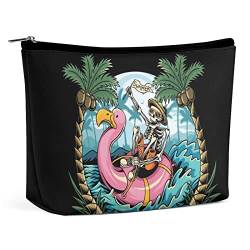 Make-up-Tasche mit Totenköpfen, Flamingos, Strand und Sommer, Kokosnussbäume, Reise-Make-up-Tasche, Make-up-Tasche aus PU-Leder, Kosmetiktasche für Geldbörse, tragbare Kulturtasche, Make-up-Taschen von FWJZDSP