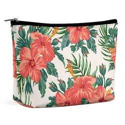 Make-up-Tasche mit tropischen Blättern und Blumen im Sommer, Hibiskus-Palme, Reise-Make-up-Tasche, Make-up-Tasche aus PU-Leder, Kosmetiktasche für Geldbörse, tragbare Kulturtasche, Make-up-Taschen f von FWJZDSP