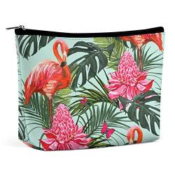 Sommer-Make-up-Tasche mit tropischen Palmblättern, Flamingo-Blumen-Reise-Make-up-Tasche, Make-up-Tasche aus PU-Leder, Kosmetiktasche für Geldbörse, tragbare Kulturtasche, Make-up-Taschen für den Inn von FWJZDSP