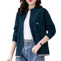 Damen Strickjacke Mit Langen Ärmeln Und Offener Vorderseite Schlichter Vintage-Strickpullover Stehkragen Reißverschluss Gestreifte Feinstrickjacke Elastischer Pullover Zopfstrickjacke Herbst-Winter von FWSHANGMAO