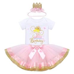 1 Geburtstag Mädchen Outfit Baby Erster Geburtstag Partykleid Baumwolle Kurzarm Strampler Body Prinzessin Tüll Tütü Rock Krone Set 1 Jahr Geburtstagsparty Fotoshooting Sommer Taufkleid Rosa + Gold 1J von FYMNSI