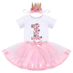 1. Geburtstag Mädchen Baby Outfit Blumen 1 Jahr Party Kleid Cake Smash Baumwolle Kurzarm Body Strampler Tutu Rock Krone Stirnband 3tlg Sommer Bekleidungsset Fotoshooting Kostüm Rosa Blumen 1 Jahr von FYMNSI