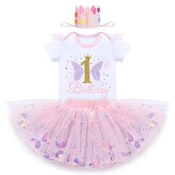 1. Geburtstag Mädchen Baby Outfit Schmetterling 1 Jahr Party Prinzessin Kleid Baumwolle Kurzarm Body Strampler Tutu Rock Krone Stirnband 3tlg Sommer Bekleidungsset Fotoshooting Kostüm Rosa 1 Jahr von FYMNSI