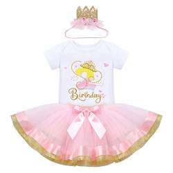 2 Geburtstag Mädchen Outfit Baby Zweiter Geburtstag Partykleid Baumwolle Kurzarm Strampler Body Prinzessin Tüll Tütü Rock Krone Set 2 Jahre Geburtstagsparty Fotoshooting Sommer Taufkleid Rosa+ Gold 2J von FYMNSI