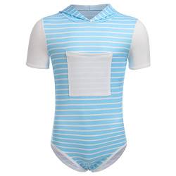 ABDL Body Männer Herren Overall Kapuze Hoodie Bodysuit Kurzarm T-Shirt Unterhemd Ouvert Männer Sportbody Druckknöpfe im Schritt Einteiler Jumpsuit Playsuit Unterwäsche Nachthemd Blau Gestreift 2XL von FYMNSI