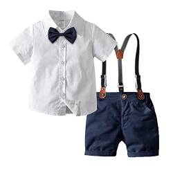 Baby Jungen Festlich Anzug Set Kleinkinder Gentleman Outfit Taufanzug Kinder Kurzarm Hemd mit Fliege + Hosenträger + Shorts Bekleidung für Hochzeit Geburtstag Party Taufe Weiß + Marineblau 3-4 Jahre von FYMNSI