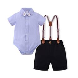 Baby Jungen Gentleman Anzüge Kleinkinder Kurzarm Fliege Shirt Strampler Hosenträger Shorts Overall Festlich Festanzug Taufe Hochzeit Formal Abend Sommer Bekleidungsset Taufanzug Blau + Schwarz 6-9M von FYMNSI