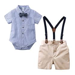 Baby Jungen Gentleman Anzüge Kleinkinder Kurzarm Fliege Shirt Strampler Hosenträger Shorts Overall Festlich Festanzug Taufe Hochzeit Formal Sommer Bekleidungsset Taufanzug Blau Streifen + Khaki 12-18M von FYMNSI