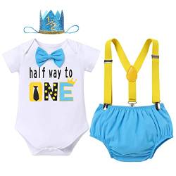 Baby Jungen Halber 1/2. Geburtstag Outfit Baumwolle Kurzarm Body Strampler Hosenträger Shorts Mini Krone Hut Fotoshooting Kostüme 6 Monate Party Cake Smash Bekleidungsset Blau - Halber Geburtstag von FYMNSI