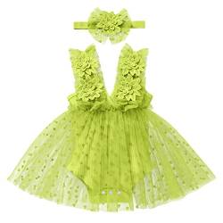 Baby Kleid 1 Geburtstag Mädchen Outfit Taufkleid Prinzessin Tüllrock mit Stirnband Ärmellos Bodykleid Strampler Kleinkinder Partykleid Festkleid Bekleidungssets Neugeborene Fotoshooting Grün 0-6M von FYMNSI