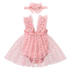 Baby Kleid 1 Geburtstag Mädchen Outfit Taufkleid Prinzessin Tüllrock mit Stirnband Ärmellos Bodykleid Strampler Kleinkinder Partykleid Festkleid Bekleidungssets Neugeborene Fotoshooting Rosa 0-6M von FYMNSI