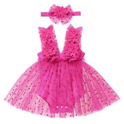 Baby Kleid 1 Geburtstag Mädchen Outfit Taufkleid Prinzessin Tüllrock mit Stirnband Ärmellos Bodykleid Strampler Kleinkinder Partykleid Festkleid Bekleidungssets Neugeborene Fotoshooting Rose 18-24M von FYMNSI