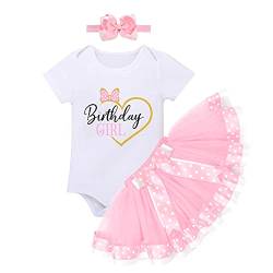 Baby Kleinkinder Mädchen 1/2. 1. 2. Geburtstag Outfit Baumwolle Kurzarm Strampler Body Gepunktet Tutu Tüll Prinzessin Rock Stirnband 3tlg Party Bekleidungsset Rosa 1 Jahr von FYMNSI