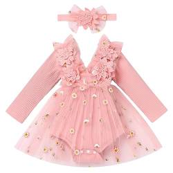 Baby M?dchen 1 Geburtstag Outfit Taufkleid Prinzessin T?llrock mit Stirnband Langarm Bodykleid Kleinkinder Partykleid V-Ausschnitt Festkleid Herbstkleid Neugeborene Fotoshooting Rosa Blumen 0-6 Monate von FYMNSI