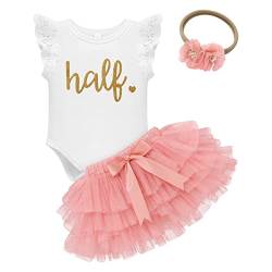 Baby Mädchen 1/2. Halber Geburtstag Outfit Spitze Baumwolle Body Strampler Prinzessin Tüll Tütü Rock Blumen Stirnband Festliches Partykleid FestKleid Bekleidungsset Fotoshooting Kostüm Rosa 3-6 Monate von FYMNSI