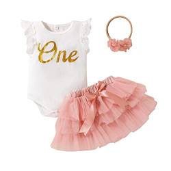 Baby Mädchen 1. Erster Geburtstag Fotoshooting Outfit Kurzarm Body Strampler Shirt Prinzessin Tüll Tütü Rock Blumen Stirnband 3er Bekleidungsset Ein Jahr Altes Partykleid Sommerkleid Rosa 9-12 Monate von FYMNSI