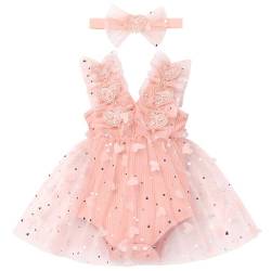 Baby Mädchen 1. Geburtstag Outfit Ärmellos Bodykleid Taufkleid Prinzessin Tüllrock mit Stirnband Strampler Kleinkinder Partykleid Festkleid Sommerkleid Neugeborene Fotoshooting Hellrosa Herz 18-24M von FYMNSI