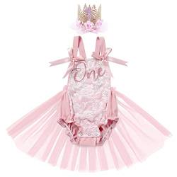 Baby Mädchen 1. Geburtstag Outfit Fotoshooting Kostüm Spitzenbody Strampler Tüll Tütü Prinzessin Partykleid mit Stirnband Kleinkinder Sommerkleid Taufkleid Festkleid Bekleidungsset Dunkelrosa 12-18M von FYMNSI