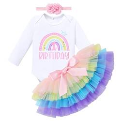 Baby Mädchen Boho Regenbogen 1. Geburtstag Outfit Baumowlle Langarm Strampler Body Tütü Tüll Rock Blumen Stirnband Erster Geburtstag 1 Jahr Alt Party Fotoshooting Herbst Bekleidung Regenbogen 1 Jahr von FYMNSI