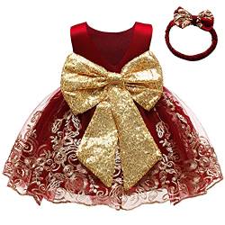 Baby Mädchen Geburtstag Partykleid Taufkleid Kleinkind Rückenfrei Pailletten Schleife Stickerei Ärmellos Abendkleid Prinzessin Hochzeit Brautjungfer Formal Festkleid mit Stirnband Dunkelrot 3-6 Monate von FYMNSI