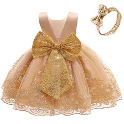 Baby Mädchen Geburtstag Partykleid Taufkleid Kleinkinder Rückenfrei Pailletten Schleife Stickerei Ärmellos Abendkleid Prinzessin Hochzeit Brautjungfer Formal Festkleid mit Stirnband Gold 0-3 Monate von FYMNSI