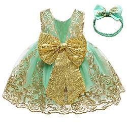 Baby Mädchen Geburtstag Partykleid Taufkleid Kleinkinder Rückenfrei Pailletten Schleife Stickerei Ärmellos Abendkleid Prinzessin Hochzeit Brautjungfer Formal Festkleid mit Stirnband Hellgrün 4-5 Jahre von FYMNSI