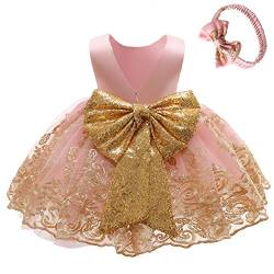 Baby Mädchen Geburtstag Partykleid Taufkleid Kleinkinder Rückenfrei Pailletten Schleife Stickerei Ärmellos Abendkleid Prinzessin Hochzeit Brautjungfer Formal Festkleid mit Stirnband Rosa 0-3 Monate von FYMNSI