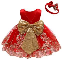 Baby Mädchen Geburtstag Partykleid Taufkleid Kleinkinder Rückenfrei Pailletten Schleife Stickerei Ärmellos Abendkleid Prinzessin Hochzeit Brautjungfer Formal Festkleid mit Stirnband Rot 1-2 Jahre von FYMNSI