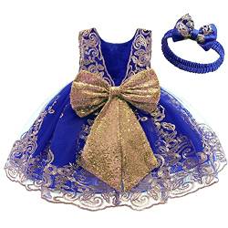 Baby Mädchen Geburtstag Partykleid Taufkleid Kleinkinder Rückenfrei Pailletten Schleife Stickerei Ärmellos Abendkleid Prinzessin Hochzeit Formal Festkleid mit Stirnband Dunkelblau + Spitze 3-4 Jahre von FYMNSI