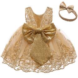 Baby Mädchen Geburtstag Partykleid Taufkleid Kleinkinder Rückenfrei Pailletten Schleife Stickerei Ärmellos Abendkleid Prinzessin Hochzeit Formal Festkleid mit Stirnband Gold + Spitze 3-6 Monate von FYMNSI