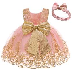 Baby Mädchen Geburtstag Partykleid Taufkleid Kleinkinder Rückenfrei Pailletten Schleife Stickerei Ärmellos Abendkleid Prinzessin Hochzeit Formal Festkleid mit Stirnband Rosa + Spitze 3-4 Jahre von FYMNSI