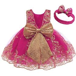 Baby Mädchen Geburtstag Partykleid Taufkleid Kleinkinder Rückenfrei Pailletten Schleife Stickerei Ärmellos Abendkleid Prinzessin Hochzeit Formal Festkleid mit Stirnband Rose + Spitze 3-4 Jahre von FYMNSI