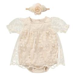 Baby Mädchen Kleid Boho Kurzarm Spitzenkleid Tutu Tüll Bodykleid Einteiler Prinzessin Bodysuit mit Blumen Stirnband 1. Geburtstag Party Outfit Taufe Neugeborenes Fotoshooting Aprikose Blumen 12-18M von FYMNSI