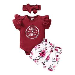 Baby Mädchen Sommer Outfit Kleinkinder Kurzarm Body Strampler Shirt + Blumen Drucken Shorts Kurze Hose + Stirnband 3tlg Prinzessin Geburtstag Party Kleidung Freizeit Bekleidungsset Weinrot 0-3M von FYMNSI