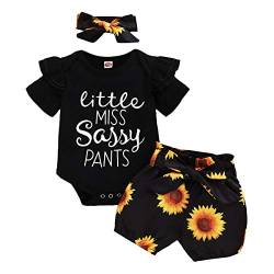 Baby Mädchen Sommer Outfit Kleinkinder Kurzarm Rüschen Body Strampler Shirt + Blumen Drucken Shorts + Stirnband 3tlg Prinzessin Geburtstag Party Kleidung Freizeit Bekleidungsset Schwarz 6-12 Monate von FYMNSI