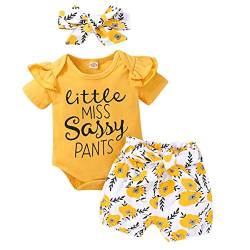 Baby Mädchen Sommer Outfit Kleinkinder Kurzarm Rüschen Body Strampler Shirt + Blumen Drucken Shorts Kurze Hose + Stirnband 3tlg Prinzessin Geburtstag Party Kleidung Freizeit Bekleidungsset Gelb 12-18M von FYMNSI