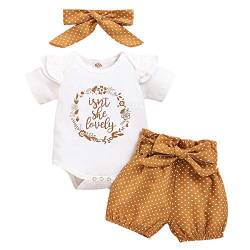 Baby Mädchen Sommer Outfit Kleinkinder Kurzarm Rüschen Body Strampler Shirt + Blumen Drucken Shorts Kurze Hose + Stirnband 3tlg Prinzessin Geburtstag Party Kleidung Freizeit Bekleidungsset Weiß 0-3M von FYMNSI