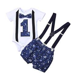 Baby Säugling Jungen 1. Erster Geburtstag Cake Smash Outfit Gentleman Universum Muster Baumwolle Kurzarm Body Strampler Hosenträger Kurzes Hose Shorts 3tlg Bakleidungsset Dunkelblau 18-24 Monate von FYMNSI