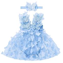 Baby Schmetterling Kleid 1 Geburtstag Mädchen Outfit Taufkleid Prinzessin Tüllrock mit Stirnband Ärmellos Bodykleid Kleinkinder Partykleid Festkleid Bekleidung Neugeborene Fotoshooting Hellblau 0-6M von FYMNSI