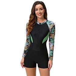 Badeanzug mit Bein Damen Langarm Schwimmanzug mit Shorts Rei?verschluss Einteiler Bauchweg Bademode Sportlich Badebekleidung Surfanzug Strandmode Neopren Shorty Neoprenanzug Swimsuits Bl?tter S von FYMNSI