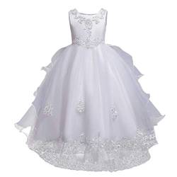 Blumenmädchen Kleid Kinder Feierliche Anlässe Langes Abendkleid Prinzessin Vokuhila Festkleid Tutu Hi-lo Brautjungfern Hochzeitskleid Mädchen Geburtstag Partykleid Festliches Ballkleid Weiß 8-9J von FYMNSI