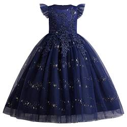 Blumenmädchen Kleid Kinder Mädchen Kommunionkleid Langes Abendkleid Prinzessin Tüll Maxikleid Hochzeit Brautjungfer Abschlussball Ballkleid Festzug Geburtstag Partykleid Festkleid Marineblau 11-12J von FYMNSI