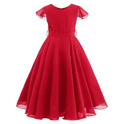 Blumenmädchenkleid Kinder Chiffon Kleid Mädchen Hochzeit Brautjungfer Maxikleid A-Linie Elegant Langes Abendkleid Festkleid Geburtstag Partykleid Ballkleid Sommerkleid mit Gürtel Rot 13-14 Jahre von FYMNSI